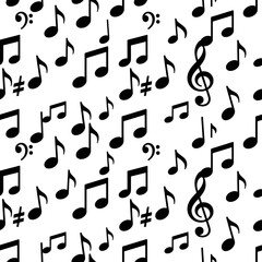 A seamless black‑and‑white music note pattern serves as a backdrop and texture design