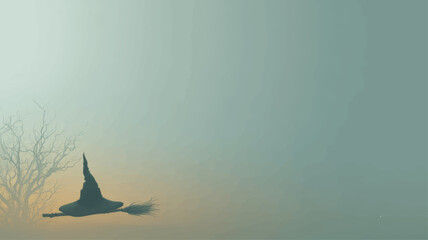 Mysterious witch hat and broom silhouette in foggy twilight background, mystical Halloween night design with soft gradient tones.