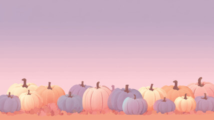 Pastel-colored pumpkins under soft sunset sky, charming Halloween and autumn harvest background with copy space for festive design.