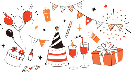 Hand drawn celebration elements featuring party hats balloons gifts drinks and bunting flags for festive occasions