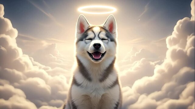 Angelic Husky in Heaven - This video features a happy husky dog floating amongst fluffy white clouds in the sky. A bright halo hovers above its head, giving the impression of an angelic being.
