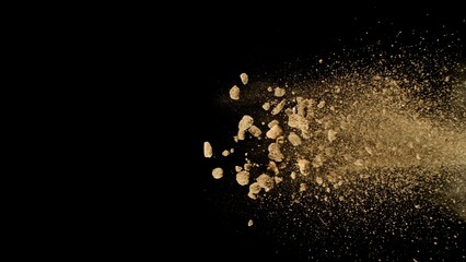 Freeze Motion Shot of Flying Soil , Isolated on Black Background