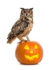 Naklejka premium Owl perched on a carved pumpkin in a festive Halloween