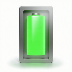 realistic 3‑D battery full icon, metallic aluminum case with green LED glow, HDR studio lighting, transparent background, centered, 1024×1024, photorealistic