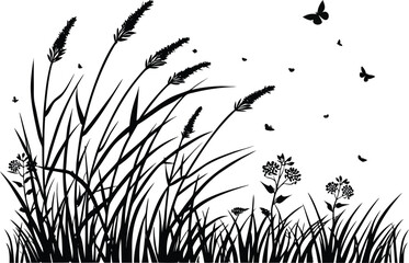 Black and white silhouette of tall grass and wildflowers with butterflies fluttering in the breeze