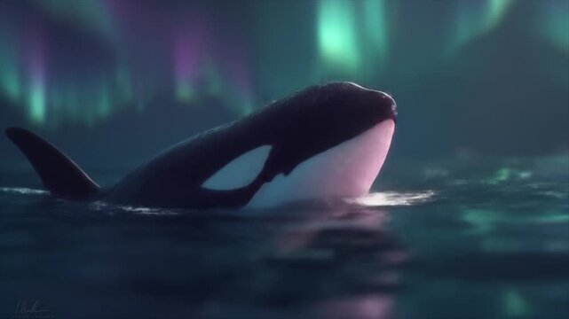 Orca whale swimming in ocean with northern lights background