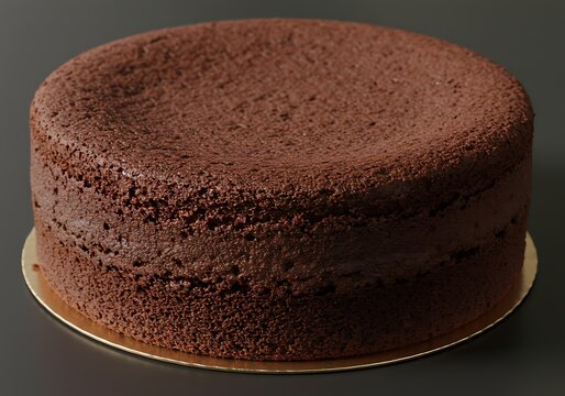 A close-up, studio shot of a rich, dark chocolate cake with a slightly sunken top.