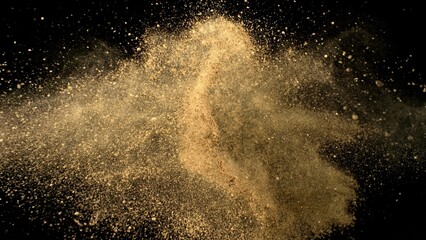 Freeze Motion Shot of Flying Soil , Isolated on Black Background