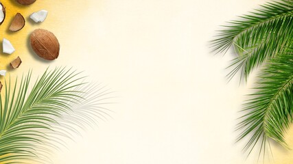 Summer Beach Flat Lay Palm Leaves and Coconut on Light Yellow Background. beach flat lay objects in summer vacation and summer concept. beach accessories, travel background.