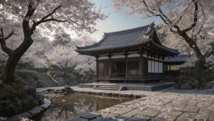 Traditional Japanese temple amidst blossoming cherry trees, reflecting in a serene pond