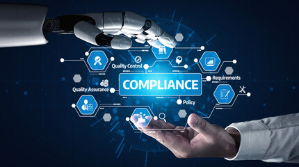 A representation of compliance in technology featuring a human hand reaching out to a robotic hand,...