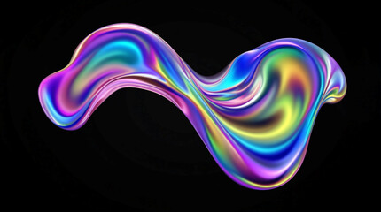 Abstract vibrant gradient colors organic shape. Translucent, iridescent liquid form on black background. Swirling, fluid wavy glass shape. Artistic 3d rendering design element 