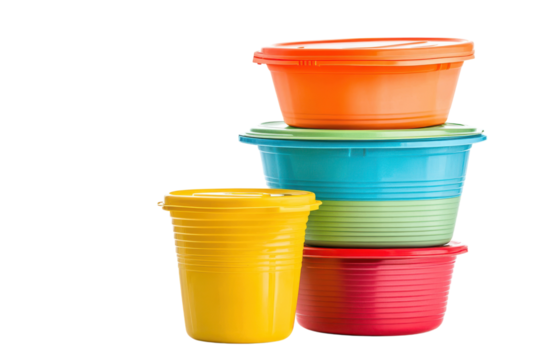 Stack of colorful plastic containers on a transparent background