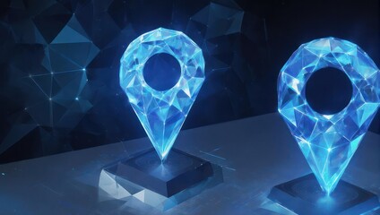 Two blue stylized location markers with crystalline facets, glowing atop small, dark rectangular bases