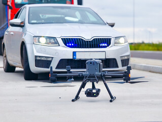 Policyjny dron i nieoznakowany radiowóz w tle © Paweł Ziółkowski