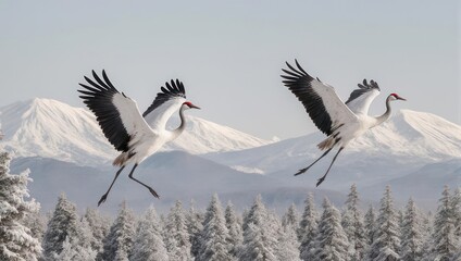 Fototapeta premium Two cranes soar gracefully over snow-covered evergreen forest against a backdrop of snowy mountains