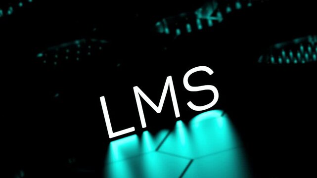 LMS Learning Management System, neon glowing text, program, training, educational tool, animation. 3D render