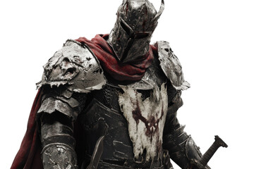 Armored knight with red cape and helmet against dark backdrop