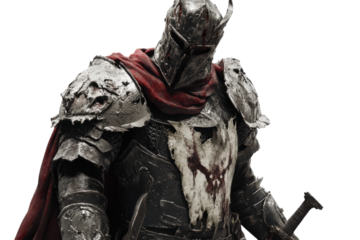 Armored knight with red cape and helmet against dark backdrop