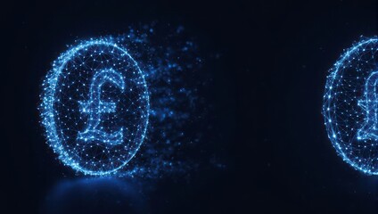 Two digital British pound coins, glowing with intricate networks, against a deep dark background