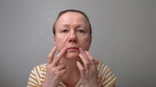 50-55-year-old woman looks with chagrin at her face with wrinkles, puffiness, and flabby skin. Age-related changes and fatigue. A woman is planning anti-aging procedures or plastic surgery