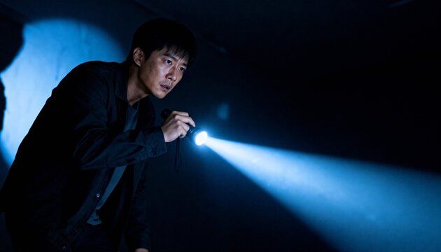 asian man testing flashlight in dark room, sharp light cone through darkness, tense alert focused pose - Powered by Adobe