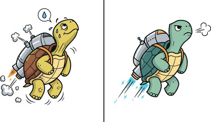Funny turtles with jetpacks flying in the sky, cute cartoon animal illustration, speed concept, adorable rocket turtle characters