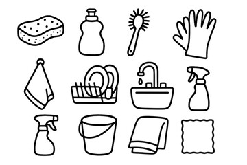 Kitchen Cleaning Icons. Kitchen cleaning doodle icon set: hand drawn icons of sponge, dish soap, brush, gloves, towel, dish rack,