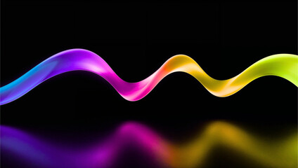 Glossy Multicolor Ribbon Wave Featuring Purple, Pink, Orange, Yellow, and Green Gradients with Reflective Surface Floating Over a Black Background in a Dynamic Abstract Composition