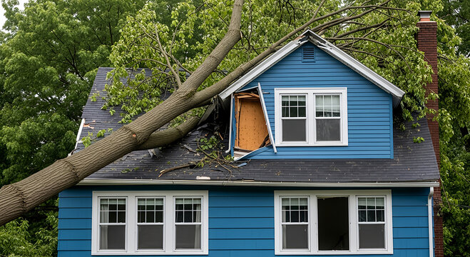 A house with a tree falling on the roof and causing damage against a blurred background, representing a natural disaster