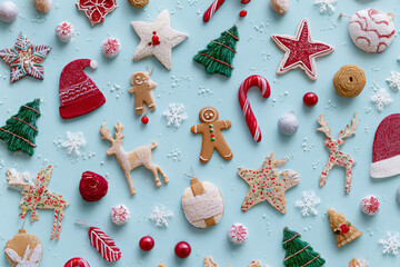 Festive Christmas cookies and decorations arranged on a light blue background perfect for holiday themes and seasonal designs