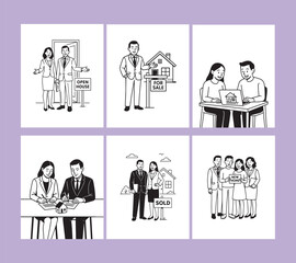 Real estate and housing vector set – people buying, selling, and signing home deals in minimal line art style
