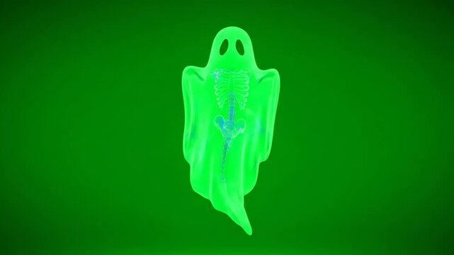 Neon Ghost with Internal Skeleton on Green Background - A glowing neon green ghost floats against a solid green background, revealing a skeletal structure within.