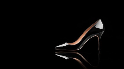 Photograph of a high-heeled shoe. the shoe is black in color and has a pointed toe and a stiletto heel. it appears to be made of a shiny, patent-like material.