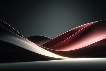 Fototapeta premium Metallic red ribbon flowing on gradient black surface with elegant reflective tone.Metallic red ribbon flowing on gradient black surface with elegant reflective tone.