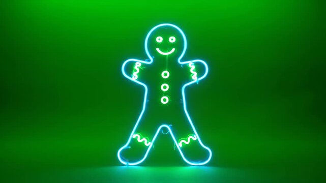 Neon Gingerbread Man on Green Background - A glowing neon gingerbread man is shown against a vibrant green background. The gingerbread man has a happy face and is outlined in a bright neon blue.