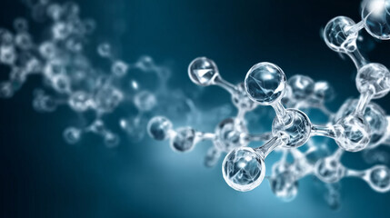 Close-up of a glass-like molecular structure with transparent atoms and bonds floating against a dark blue gradient background with bokeh effect. Concept of chemistry and medical innovation

