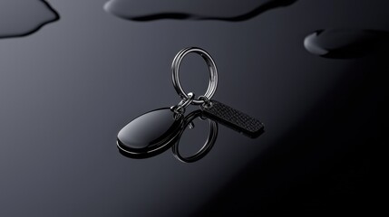 Close-up of a keychain with a black oval-shaped keyring attached to it. the keychain is made of metal and has a silver ring attached to the top.