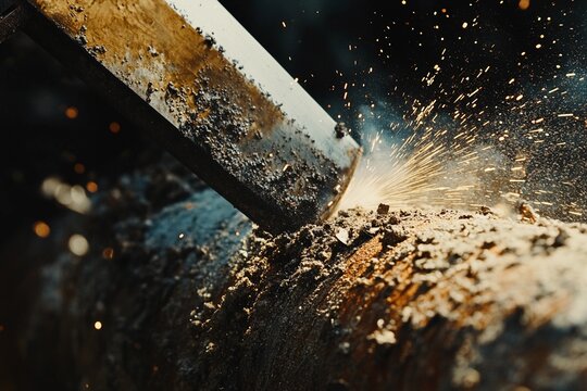 Angle grinder blade slicing metal with flying sparks - Powered by Adobe