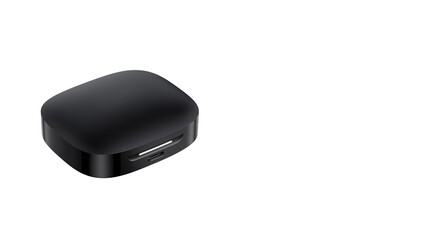 Closeup of black bluetooth earplugs case isolated on white background. 