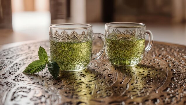 Two glass cups filled with mint tea on a textured metallic table with a blurred background