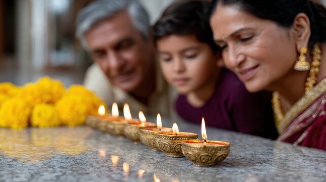 diwali celebration, indian family illuminating traditional clay diyas, casting soft shadows during lakshmi puja, with a rich color palette and reverent expressions