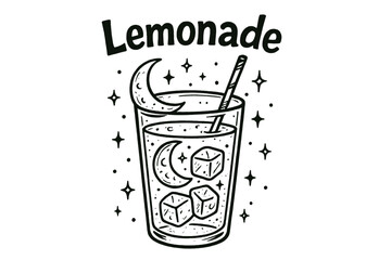 Lemonade with Moons. Hand-drawn lemonade with moons, ice cubes, and sparkles, center word &ldquo;Lemonade&rdquo; in black and white isolated