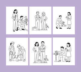Plumber and maintenance vector set – people fixing pipes, checking leaks, and repairing plumbing systems in minimal line art style