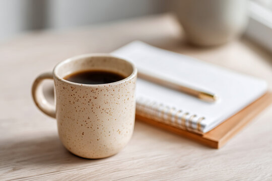 A coffee mug with a pen and a notebook on a table - Powered by Adobe