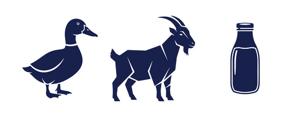 Fototapeta premium Blue Silhouettes of a Duck, a Goat, and a Milk Bottle on a White Background dairy