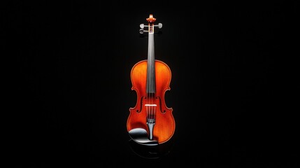 Photograph of a violin on a black background. the violin is in the center of the image, with the bow facing towards the left side of the frame.