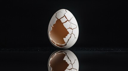 Close-up of a cracked eggshell on a black background. the eggshell is white and appears to be broken in half, with the inside of the shell visible.