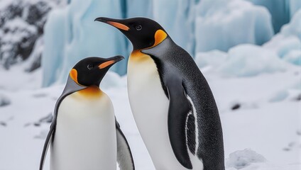 Obraz premium Two regal penguins stand together on a snowy landscape with an icy blue backdrop