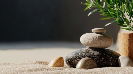 Stack of pebbles on a sandy surface. the stones are of different sizes and colors, with some being black and others being white. on top of the stack, there is a small plant with green leaves.